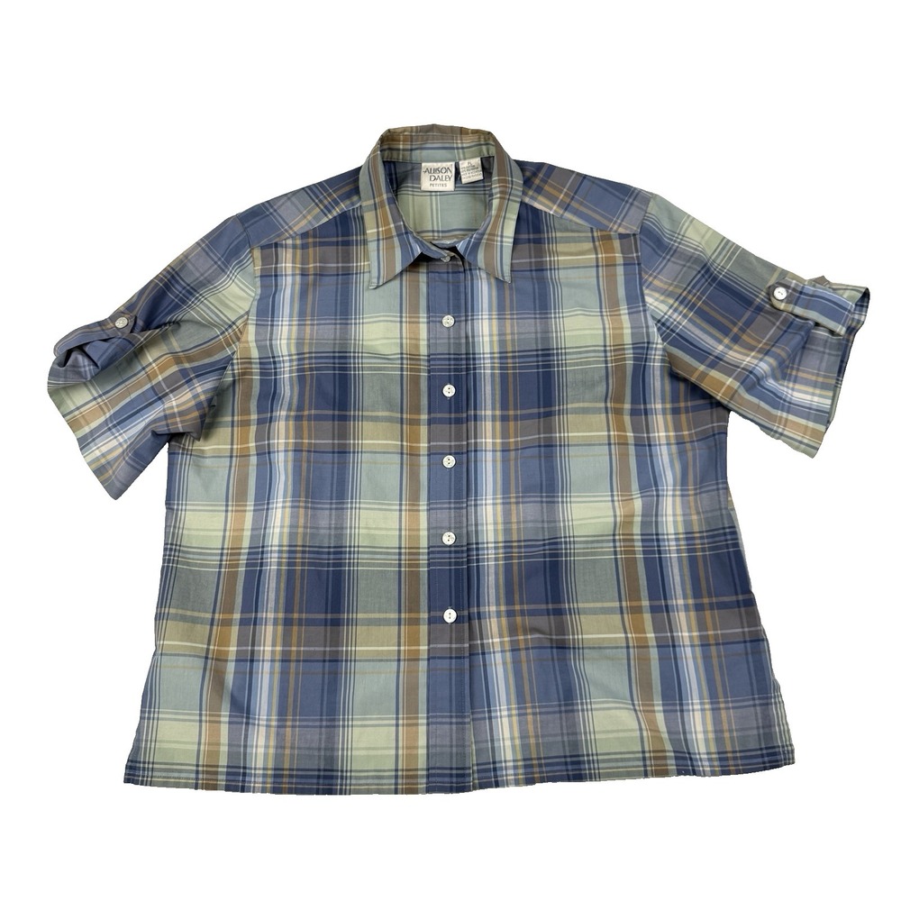Allison Daley Womens Button Up Shirt Womens Petite Large Short Sleeve Roll Tab